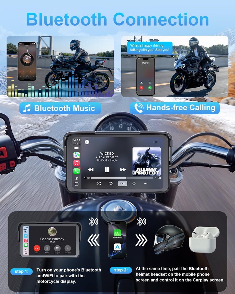 25HOURS Portable Motorcycle CarPlay HD Touch Screen, Motorcycle GPS Navigation System with Apple Carplay and Android Auto, IP67 Waterproof, Support Tire Pressure settings, Bluetooth, Voice Control, Navigation - Image 4
